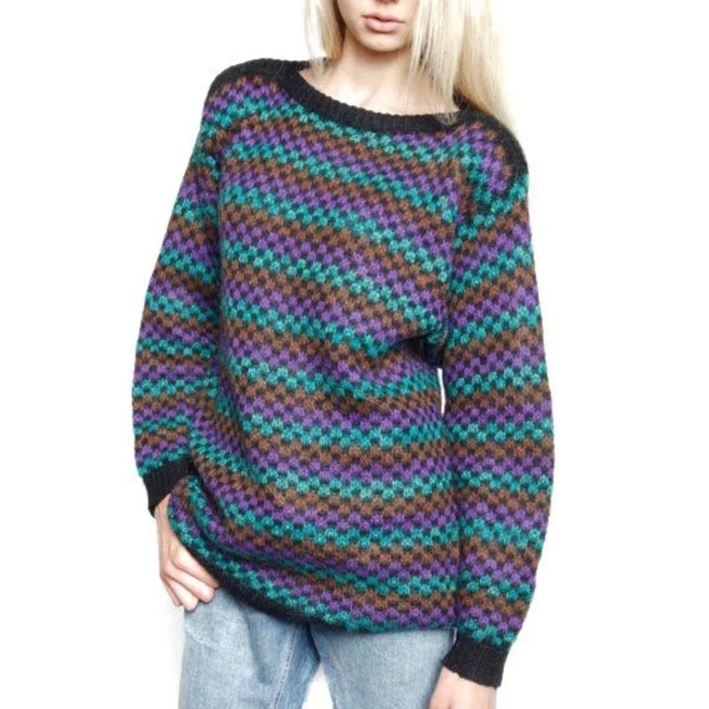 Vtg 1980 Christian Dior Fuzzy Textured Metallic Stripes Boat Neck Sweater Size M
